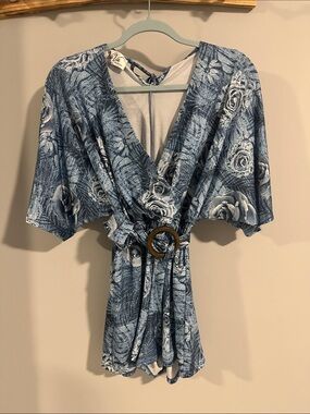Vava by Joy Han Blue Floral Wrap Romper with Belt